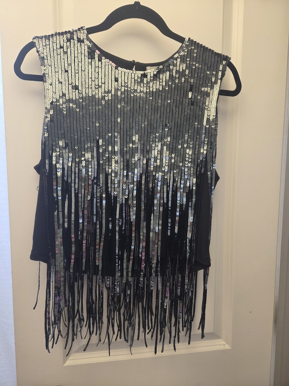 H&M Black/Silver Sequin Fringe Solid Sequin Fringe Sleeveless Top - Black/Silver
